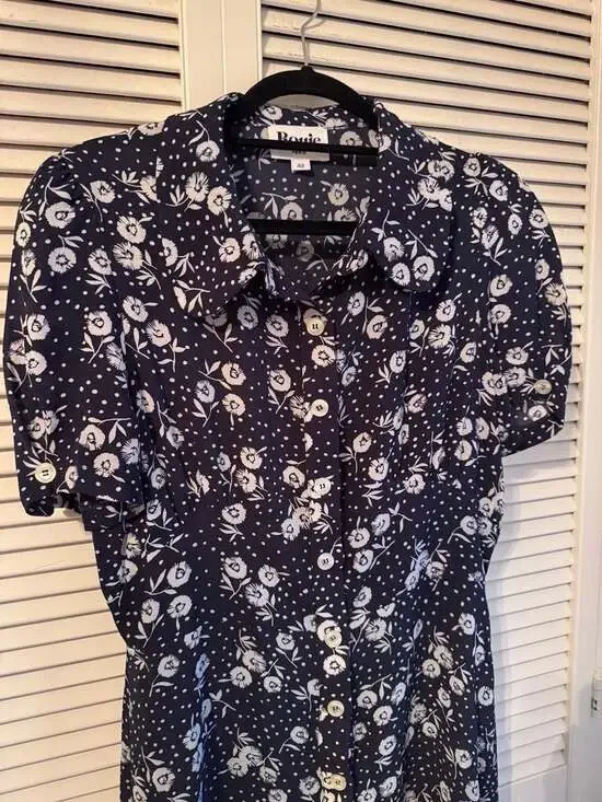 Rouje Paris Gabinette Navy Blue Floral Dandelion Button Front Midi Dress Size 42 - Picture 3 of 4